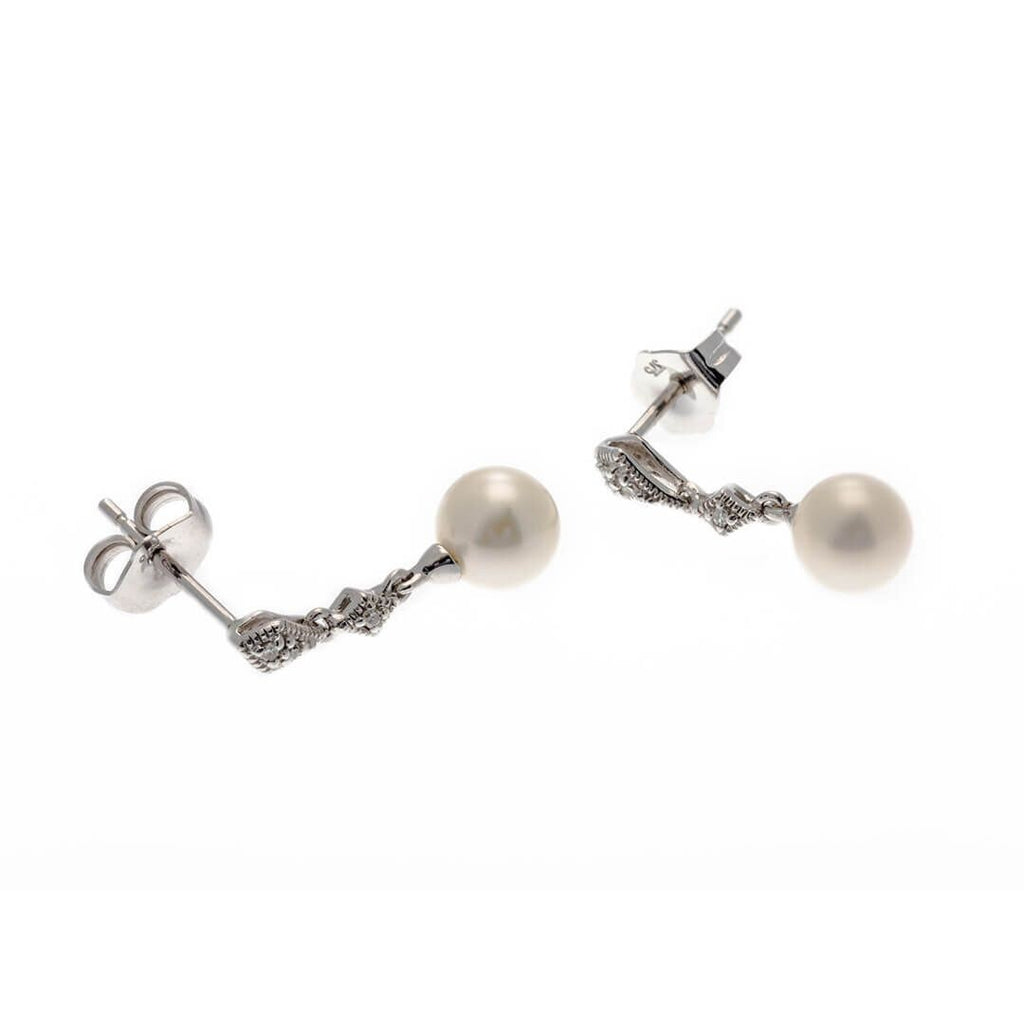 Freshwater Pearl/Diamond Drop Earrings 9ct White Gold 375 Hallmark British Made