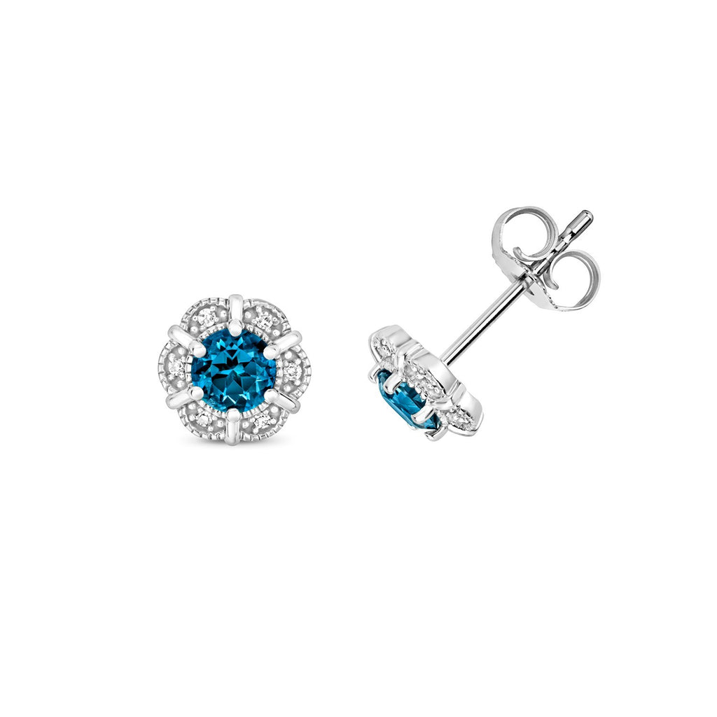 Natural Floral Blue Topaz Diamond Stud Earrings 9ct White Gold 375 Hallmarked
