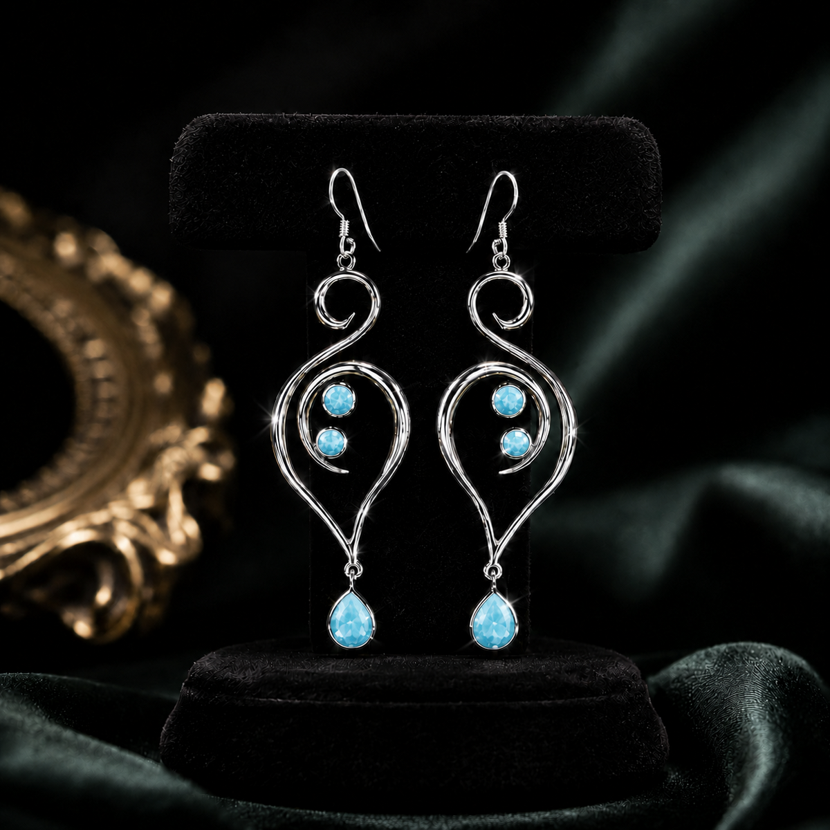 Natural Larimar Large Swirl Earrings Sterling Silver 925 Hallmarked British Made
