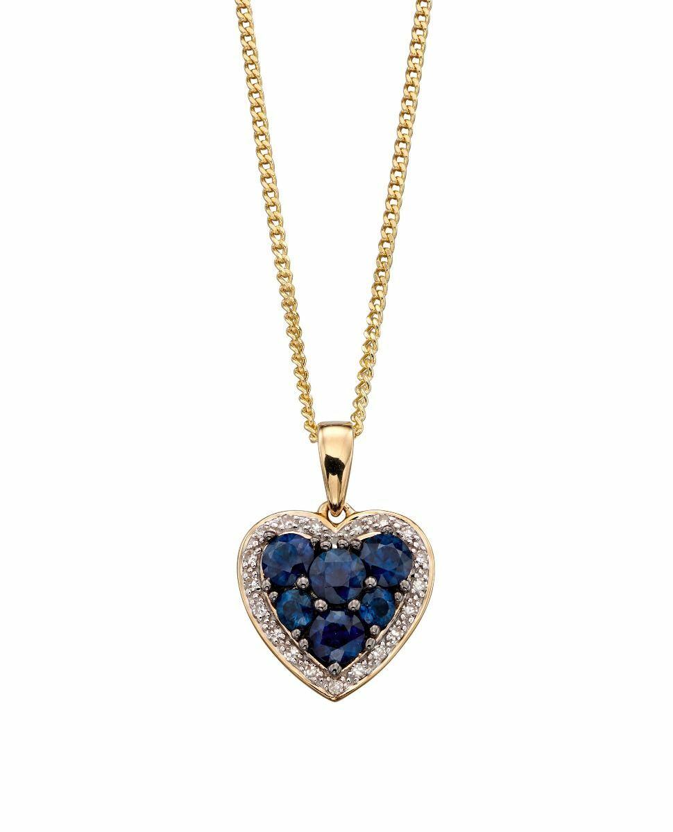 Sapphire and Diamond Heart Pendant 9ct Yellow Gold 375 Hallmarked British Made