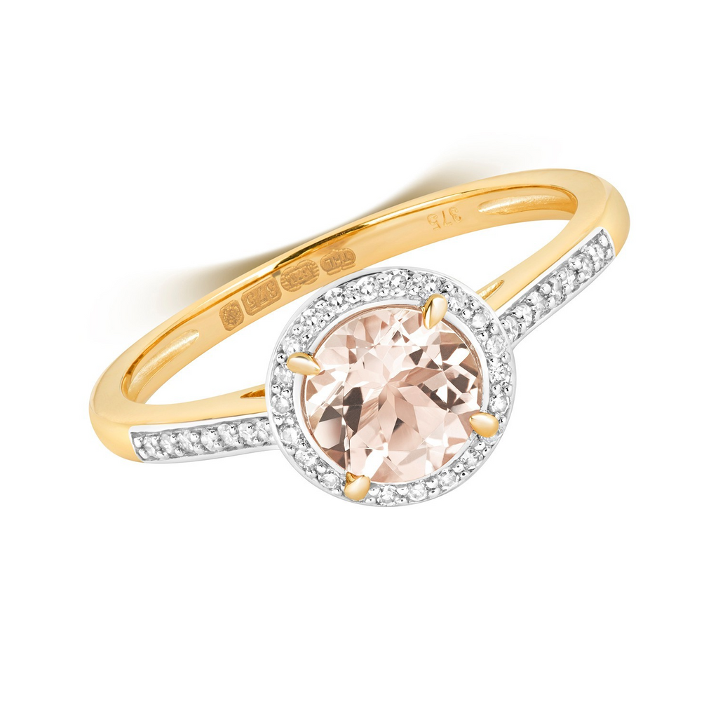 Round Halo Morganite Diamond Ring 9ct 2 Tone Gold 375 Hallmarked Sizes J - Q