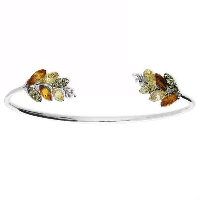 Mixed Leaf Amber Bangle Sterling Silver 925 Hallmarked British Made Brand New
