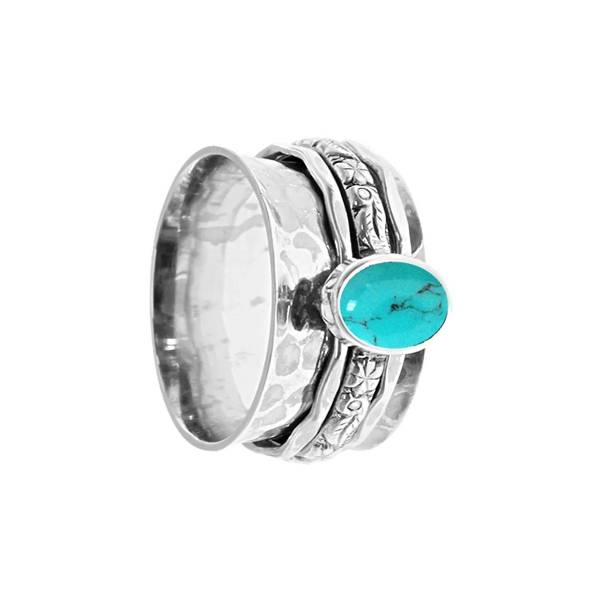 Triple Floral Turquoise Spinner Ring Sterling Silver 925 Hallmarked Size K - T