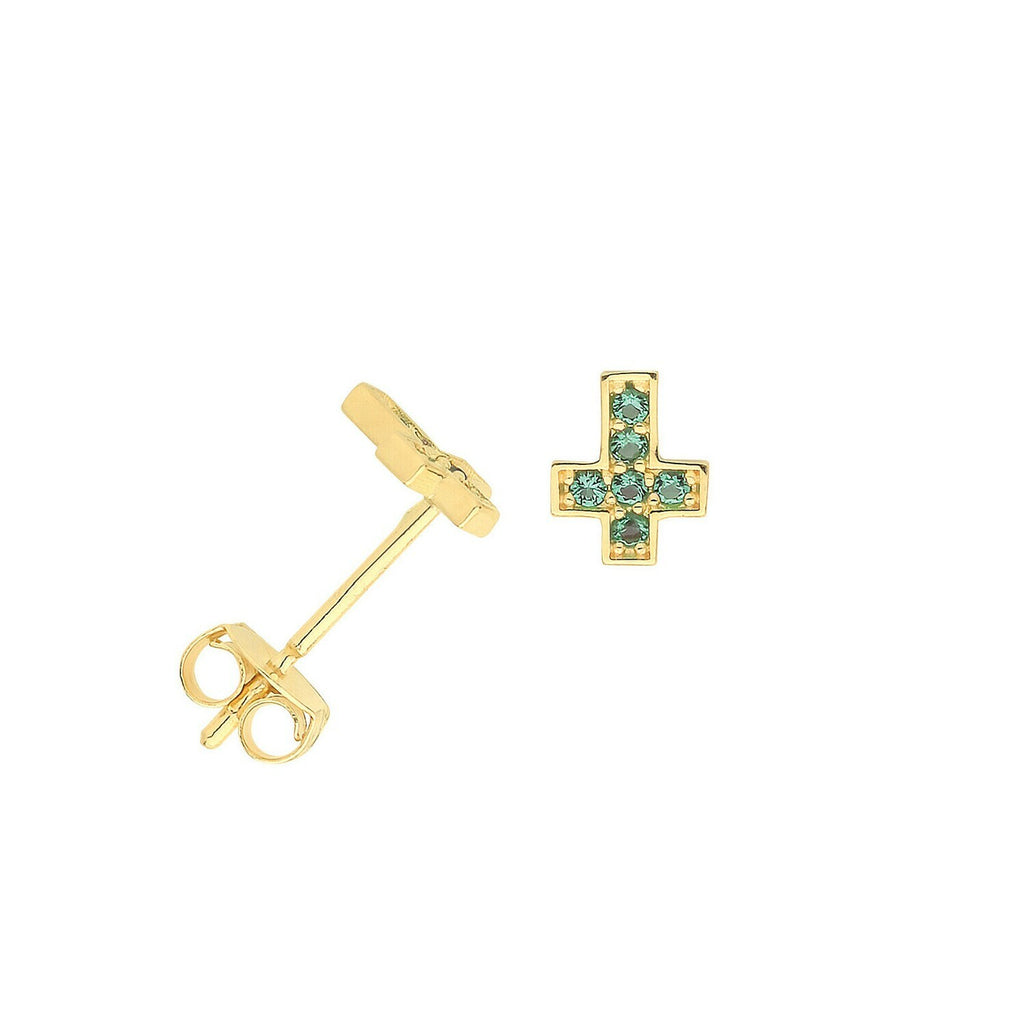 Yellow Gold Emerald Earrings Cross Stud Natural Stone 375 9 Carat New Boxed