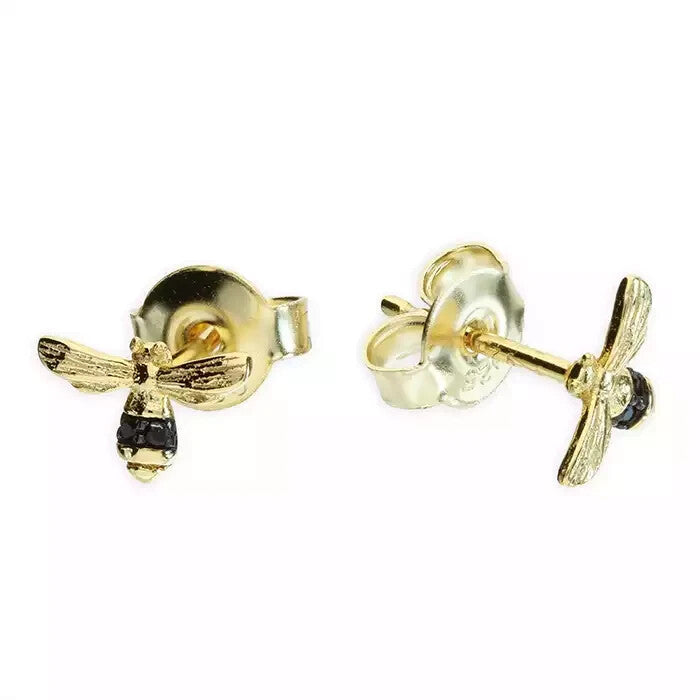 Onyx Bumble Bee Stud Earrings 18ct Yellow Gold Plated Hallmarked British Made