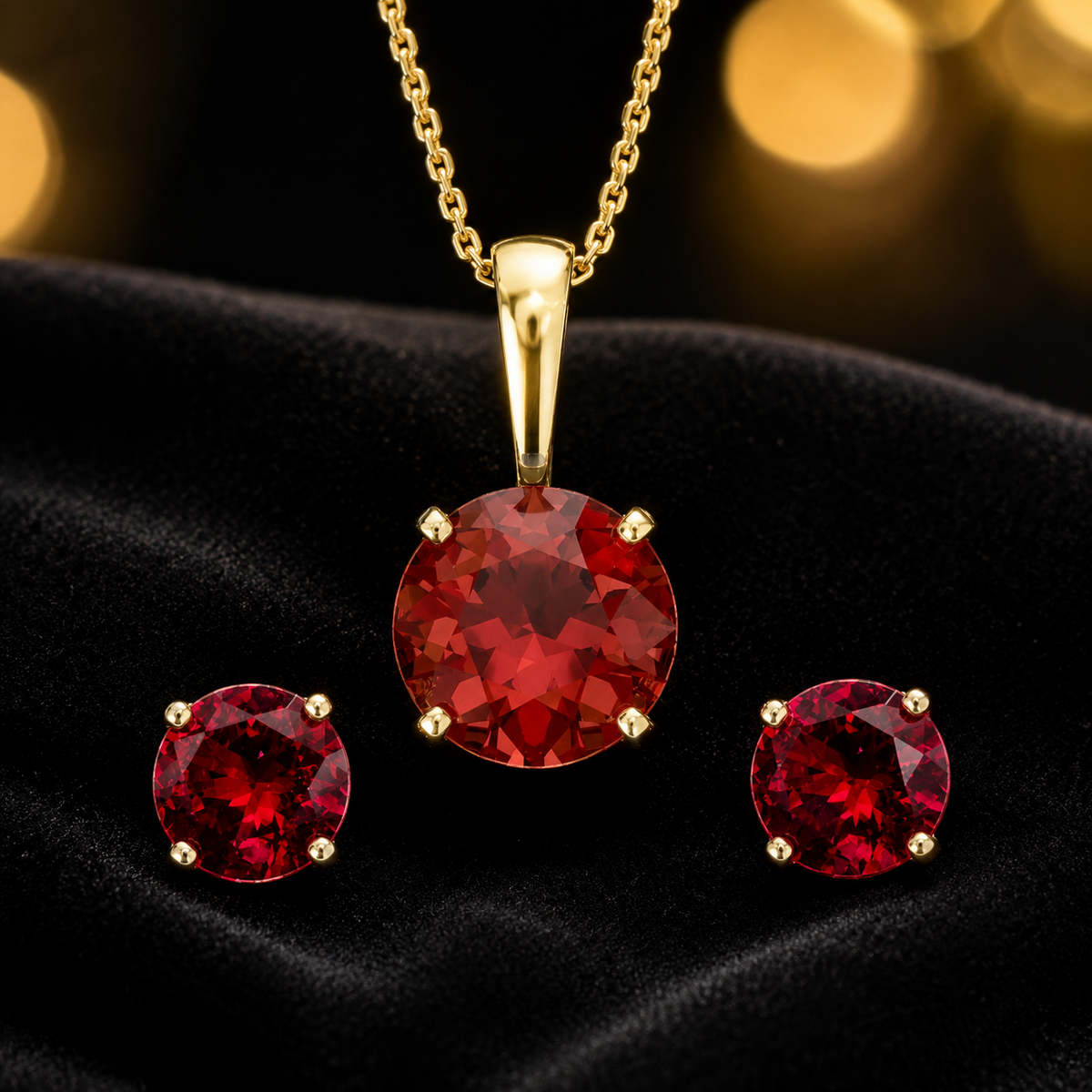 Ruby Pendant and Earrings Set Solid Yellow Gold Solitaire 18" Chain Hallmarked