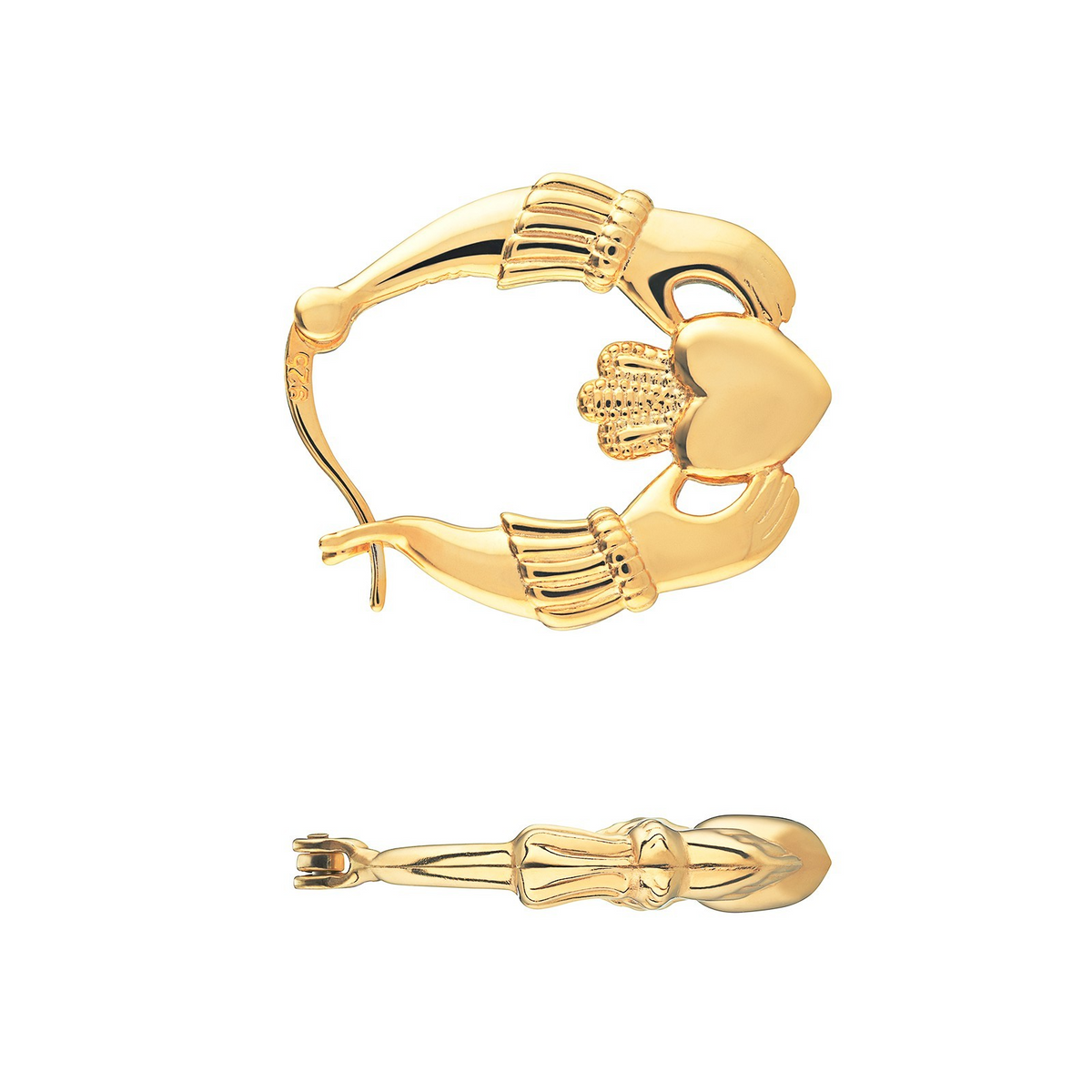 Claddagh Earrings 9ct Yellow Gold Plated On Sterling Silver Hallmarked Brand New
