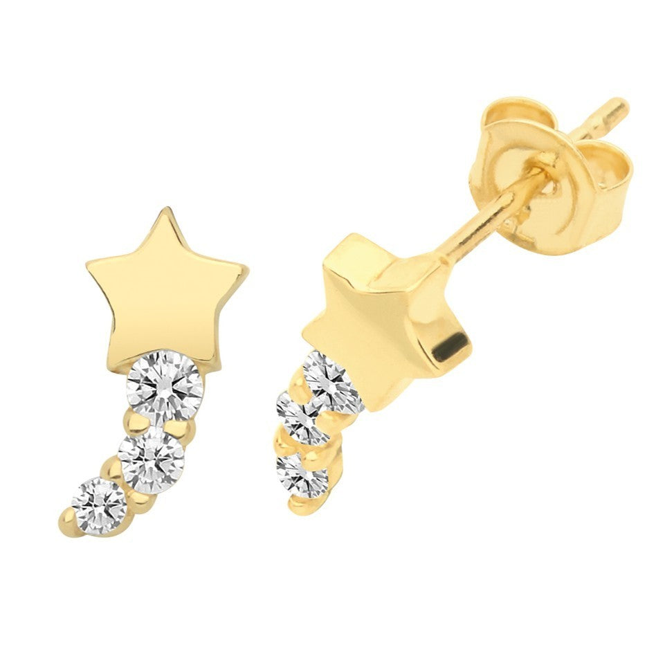 Shooting Star Stud Earrings 9ct Yellow Gold 375 Hallmarked Brand New Boxed