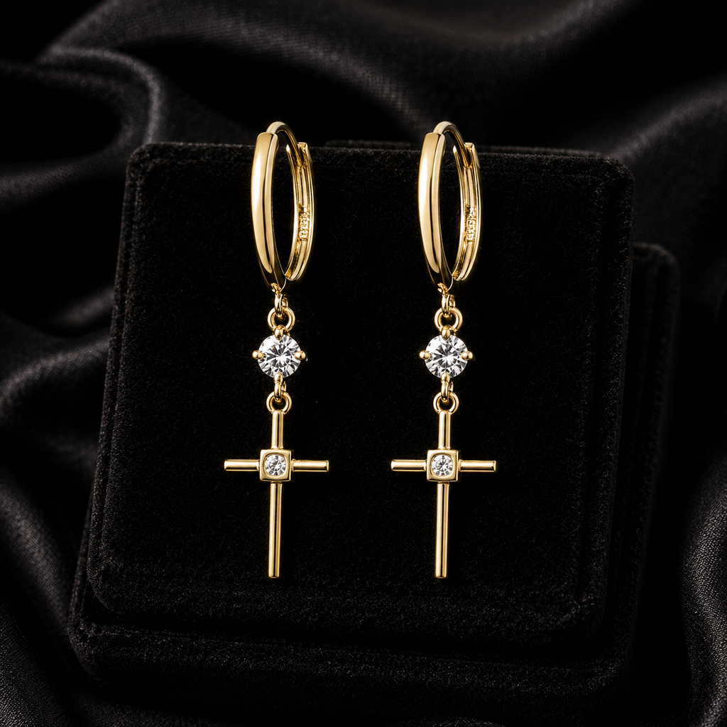 2 Stone Cross Drop Hoop Earrings 9ct Yellow Gold 375 Hallmarked Brand New Boxed