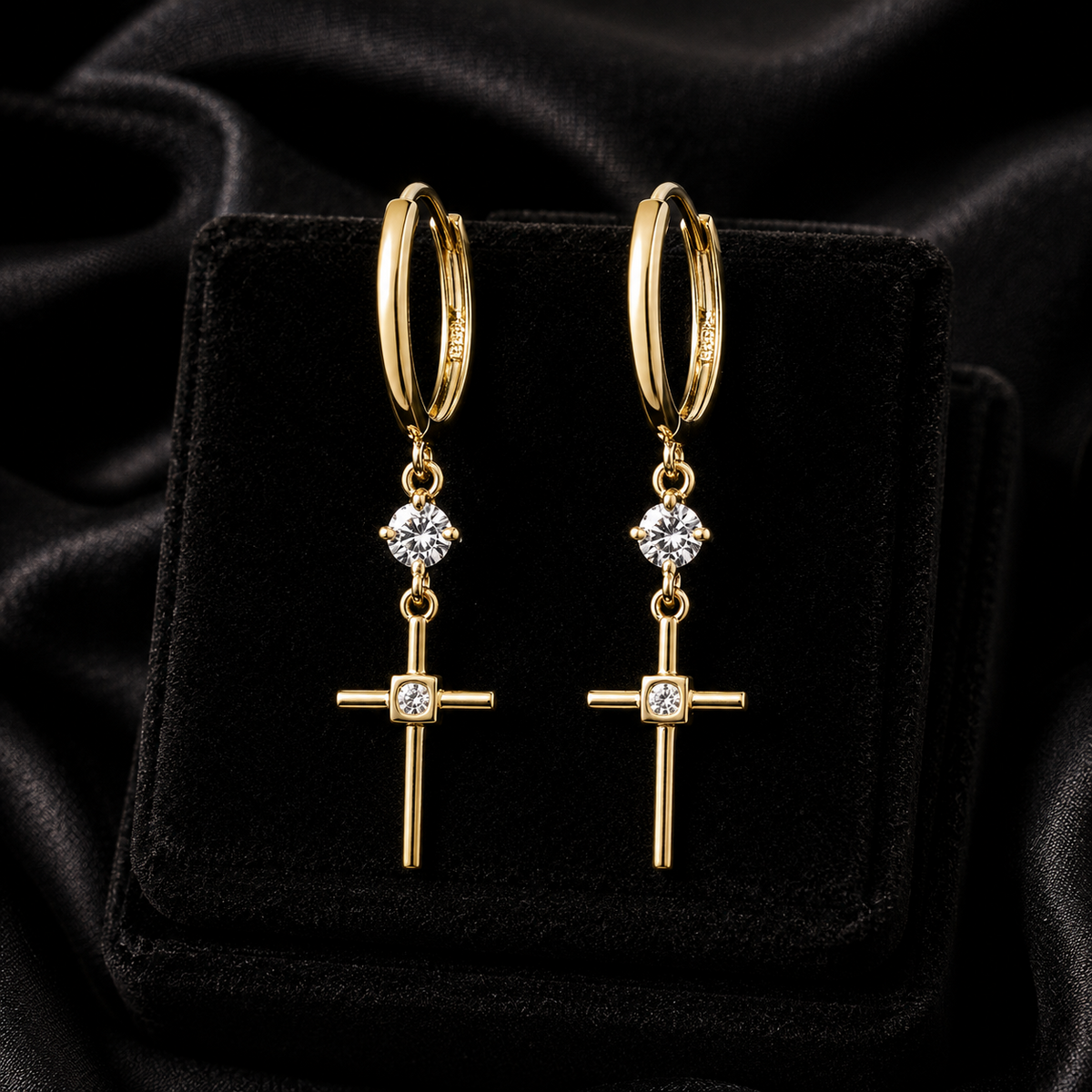 2 Stone Cross Drop Hoop Earrings 9ct Yellow Gold 375 Hallmarked Brand New Boxed