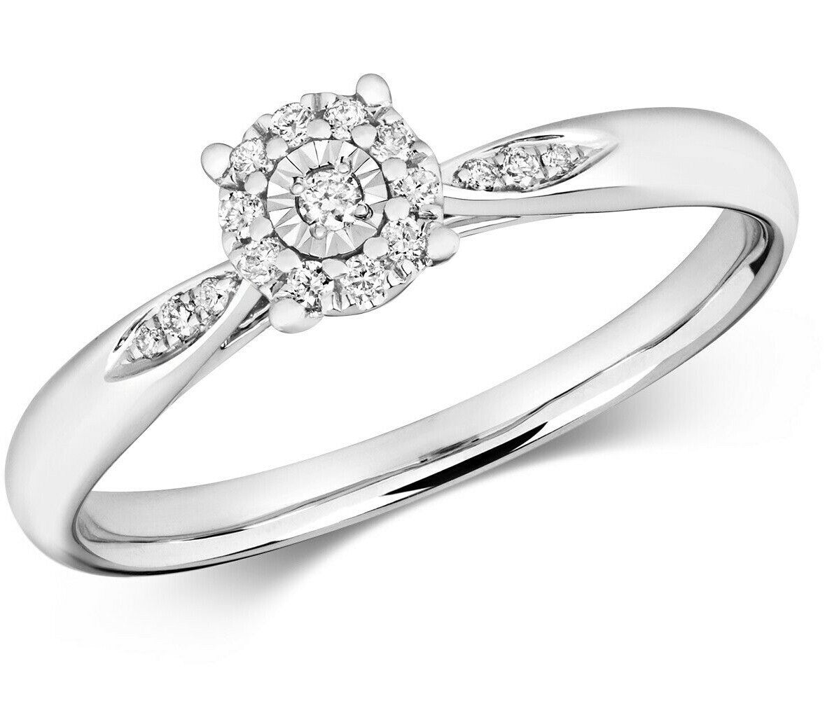 Diamond Illusion Solitaire Ring 9ct White Gold 375 Hallmark Sizes J - Q