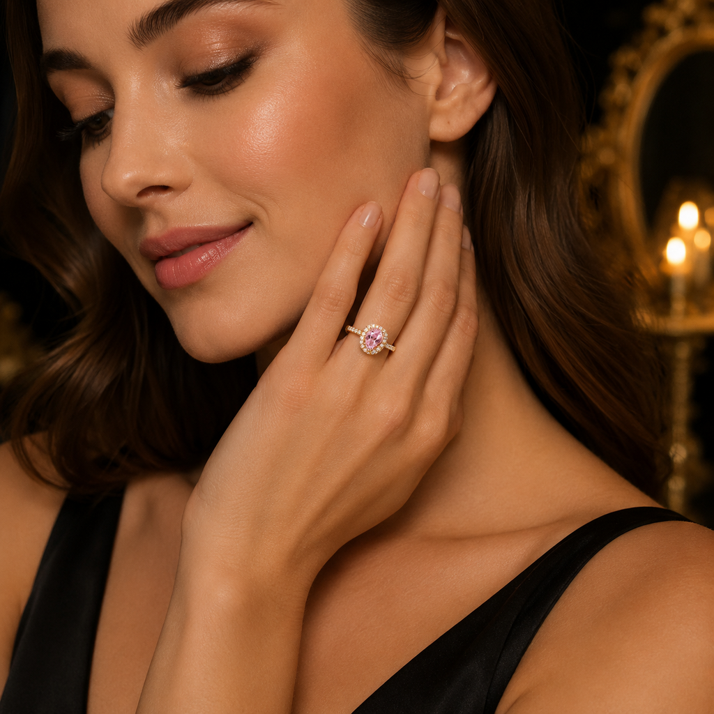 Pink Pear Stone Ring 9ct Yellow Gold Plated Hallmarked Sizes J - R British Made