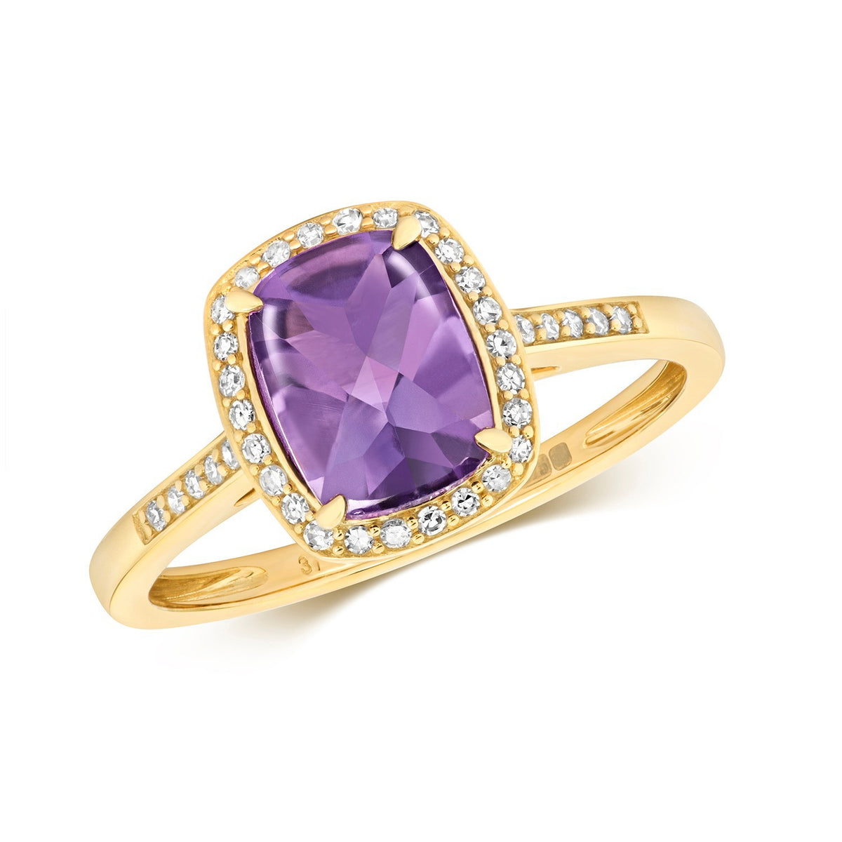 Halo Cushion Amethyst Diamond Ring 9ct Yellow Gold 375 Hallmarked Sizes J - Q