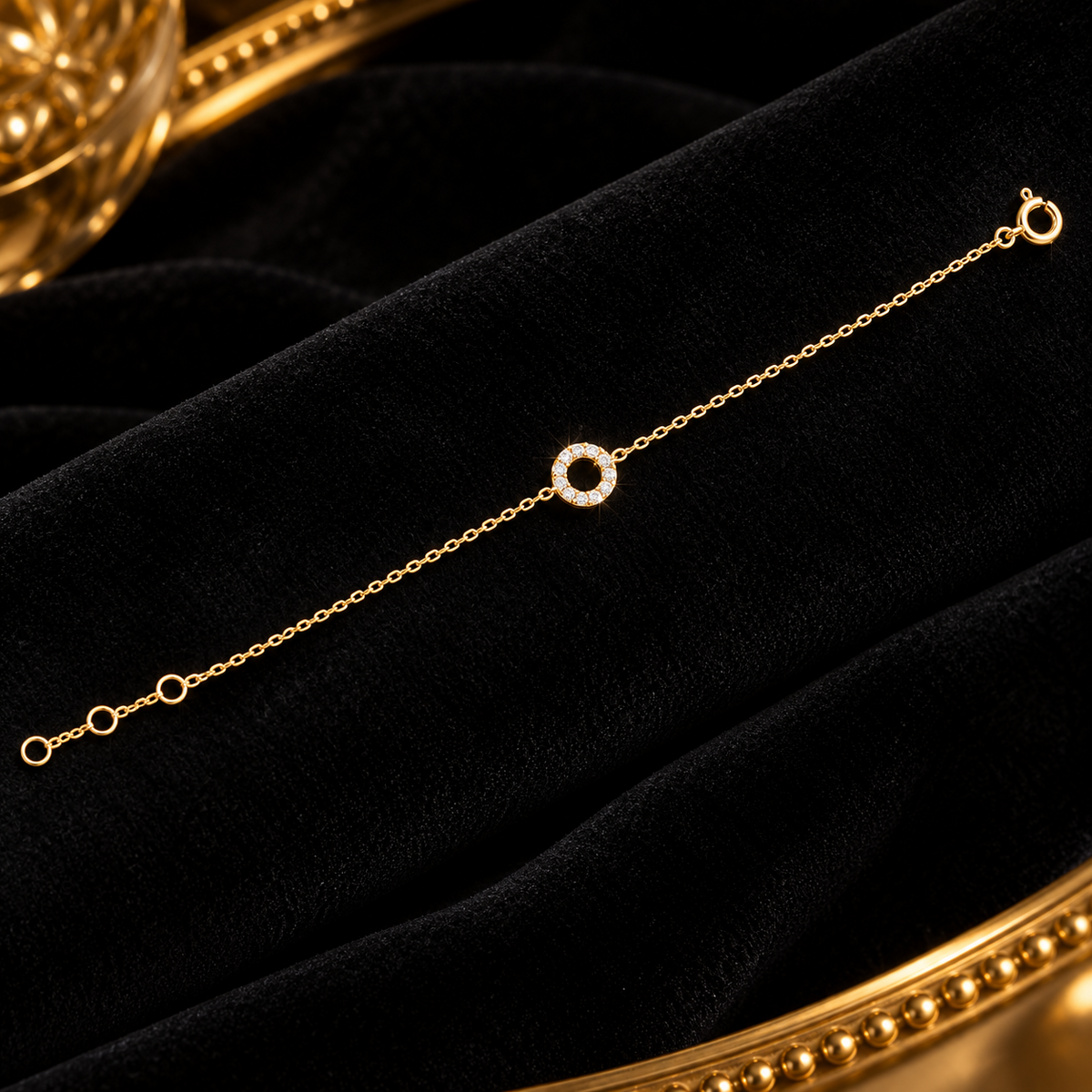 Ladies Pave Open Circle Bracelet 9ct Yellow Gold 375 Hallmarked British Made