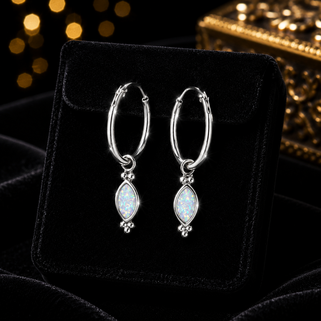 12mm White Opal Charm Hoop Earrings Sterling Silver 925 Hallmark Brand New Boxed