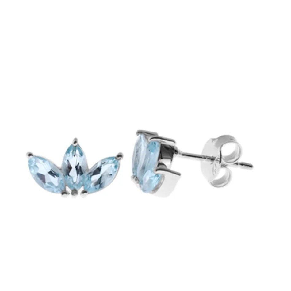 Lotus Flower Natural Aquamarine Stud Earrings Sterling Silver 925 Hallmarked