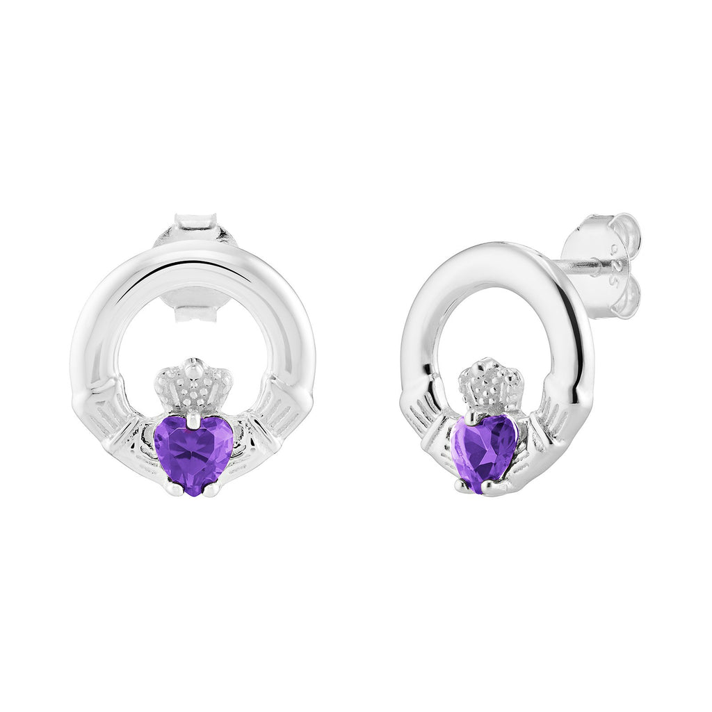Amethyst Claddagh Stud Earrings Sterling Silver 925 Hallmarked British Made