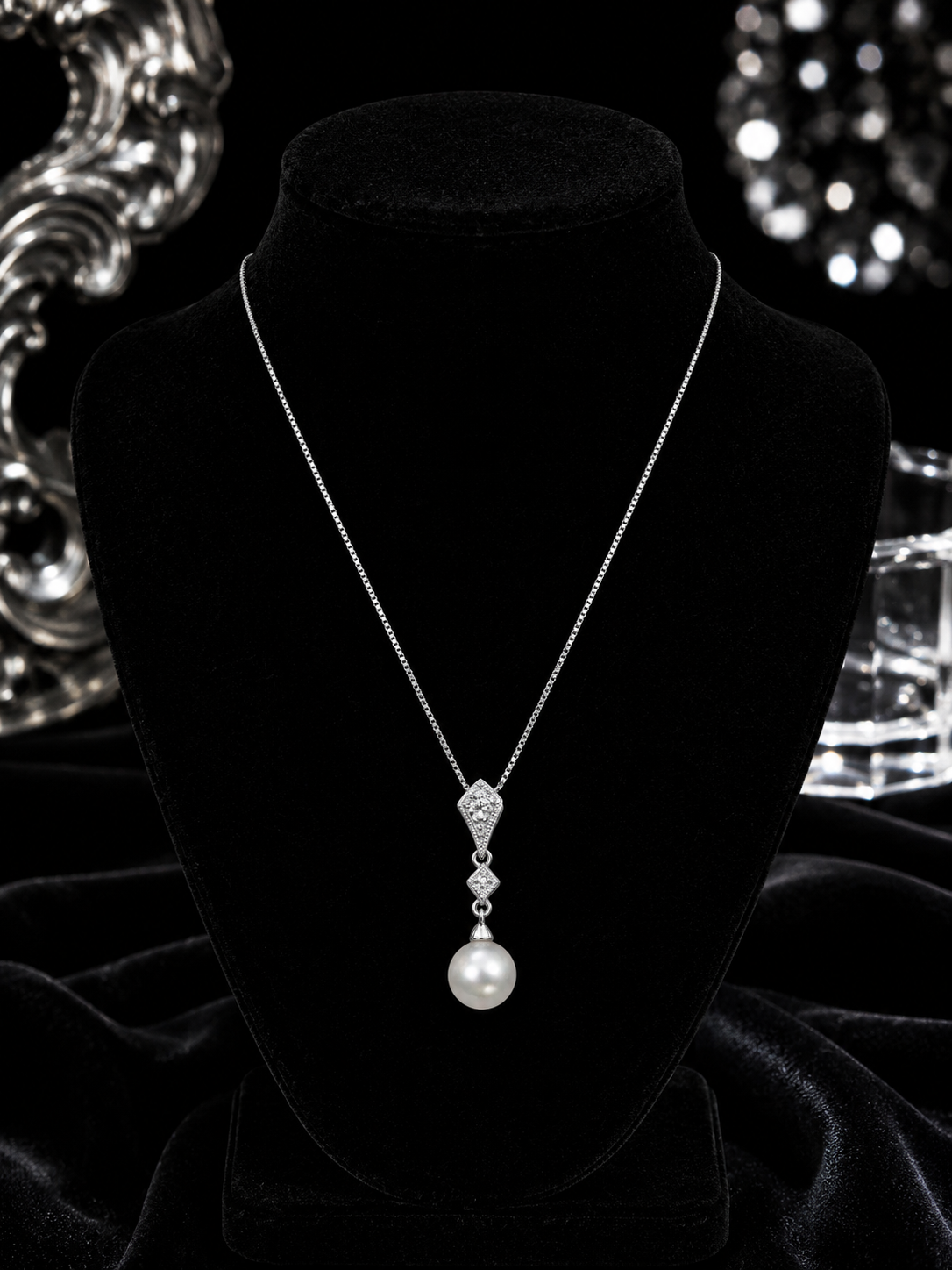 Diamond & Freshwater Pearl Pendant 9ct White Gold British Made 375 Hallmarked