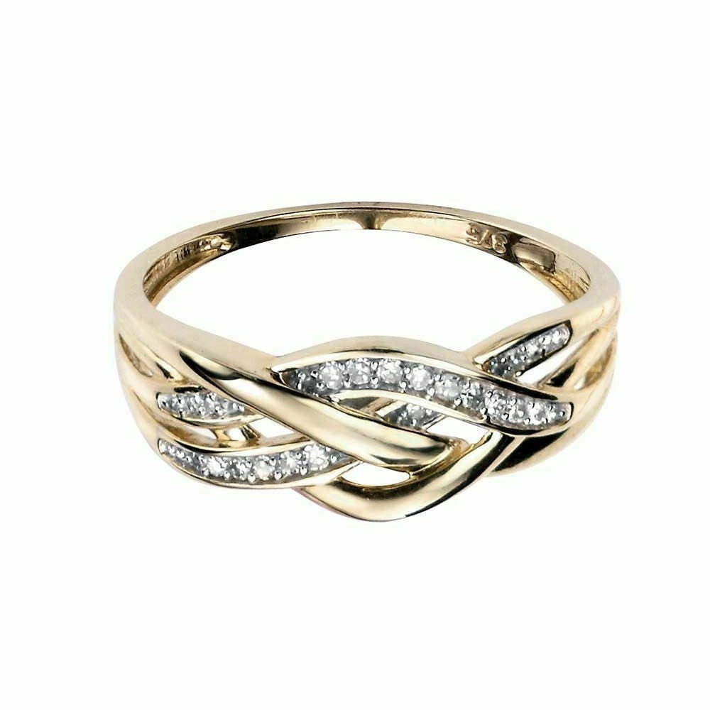 Plaited Ring with Pave Natural Diamonds in 9ct Yellow Gold 375 Hallmarked