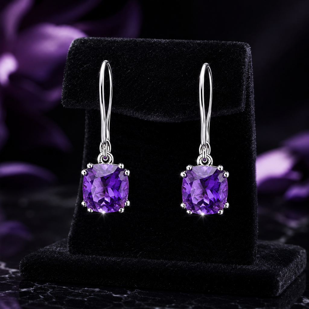 Cushion Amethyst Drop Earrings Sterling Silver 925 Hallmarked Brand New Boxed