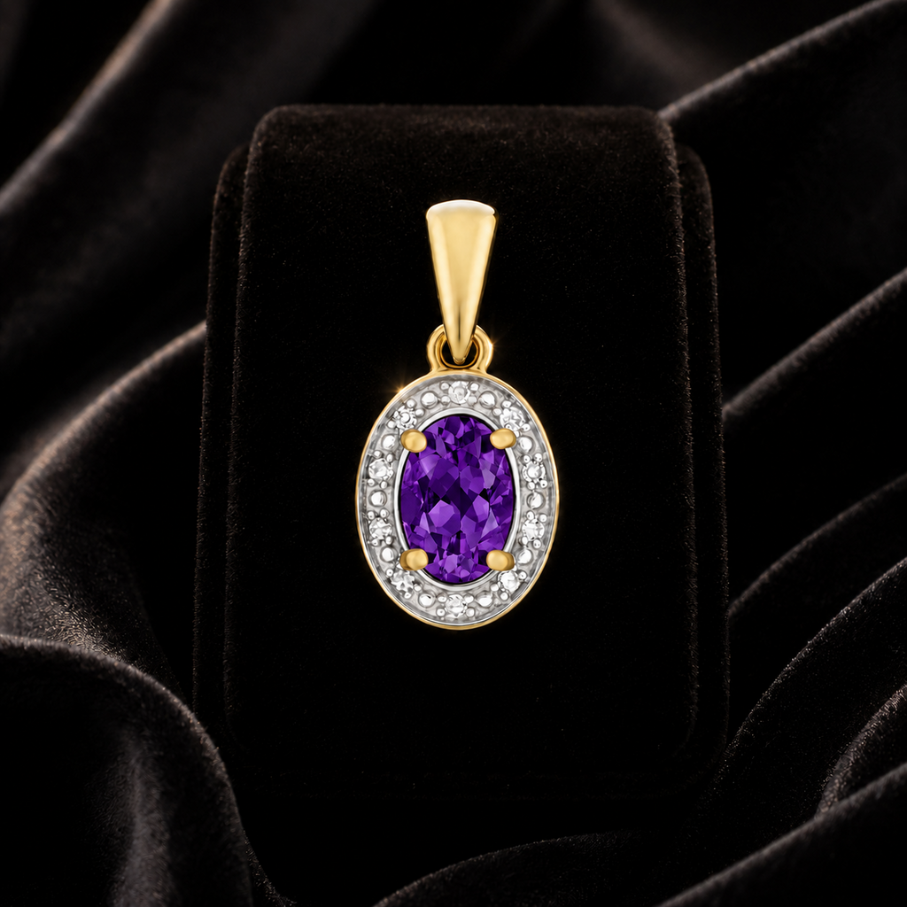 Oval Amethyst Diamond Pendant 9ct Multi Tone Gold 375 Hallmarked Chain Lengths