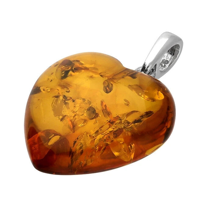 Cognac Heart Amber Pendant Sterling Silver 925 Hallmarked All Chain Lengths