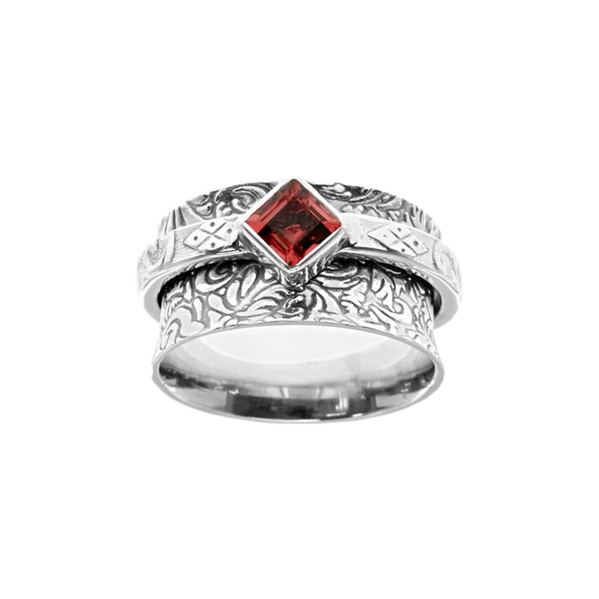 Flush Garnet Ornate Spinner Ring Sterling Silver 925 Hallmarked Size K - T