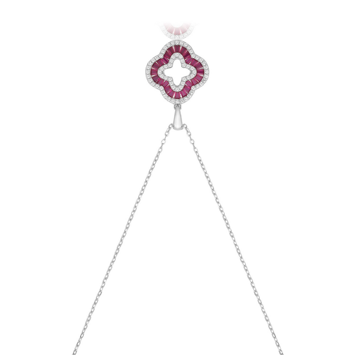 Ruby Baguette Clover Necklace Sterling Silver 925 Hallmarked British Made