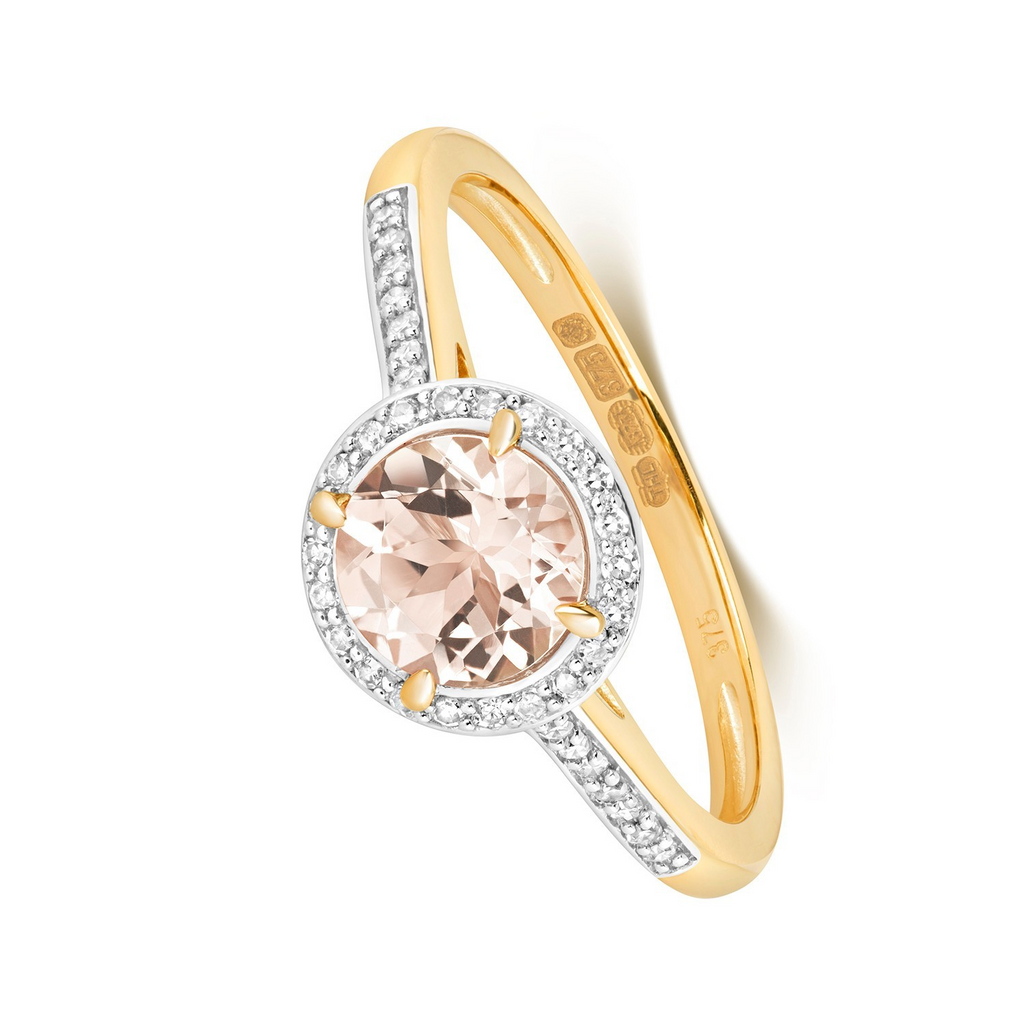Round Halo Morganite Diamond Ring 9ct 2 Tone Gold 375 Hallmarked Sizes J - Q