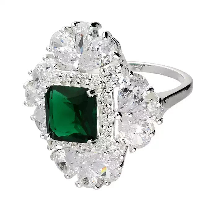 Cushion Halo Emerald Ring Sterling Silver 925 Hallmarked British Made Size M - R