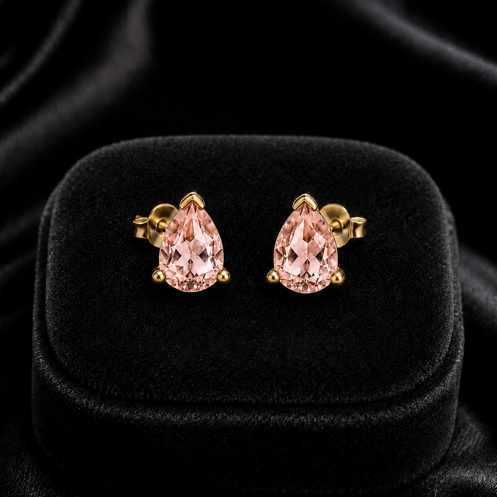 Natural Teardrop Morganite Stud Earrings 9ct Yellow Gold 375 Hallmarked