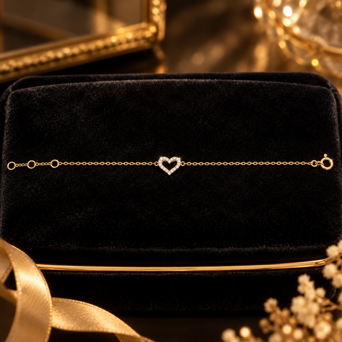 Ladies Pave Heart Bracelet 9ct Yellow Gold 375 Hallmarked British Made