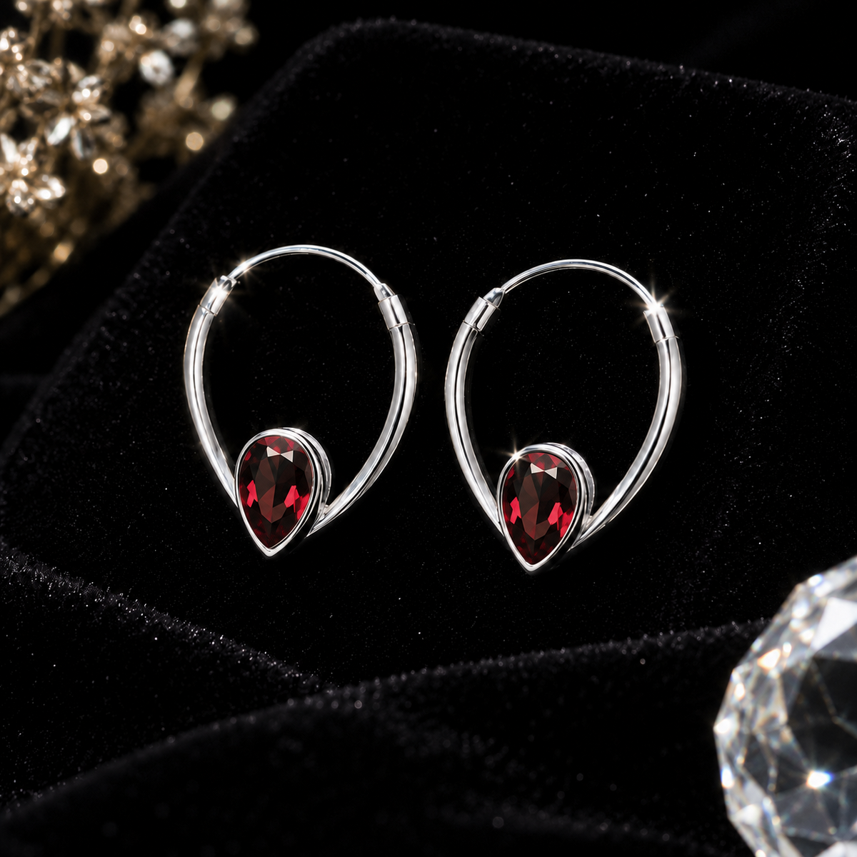 Teardrop Garnet Hoop Earrings Sterling Silver 925 Hallmarked Brand New Boxed