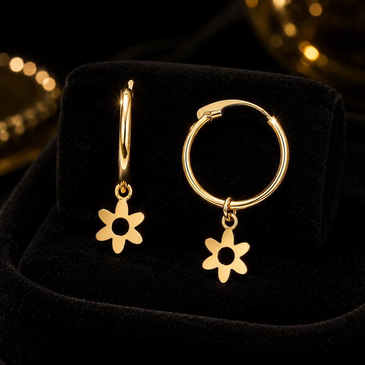 Hinged Flower Sleeper Hoop Earrings 9ct Yellow Gold 375 Hallmarked Brand New