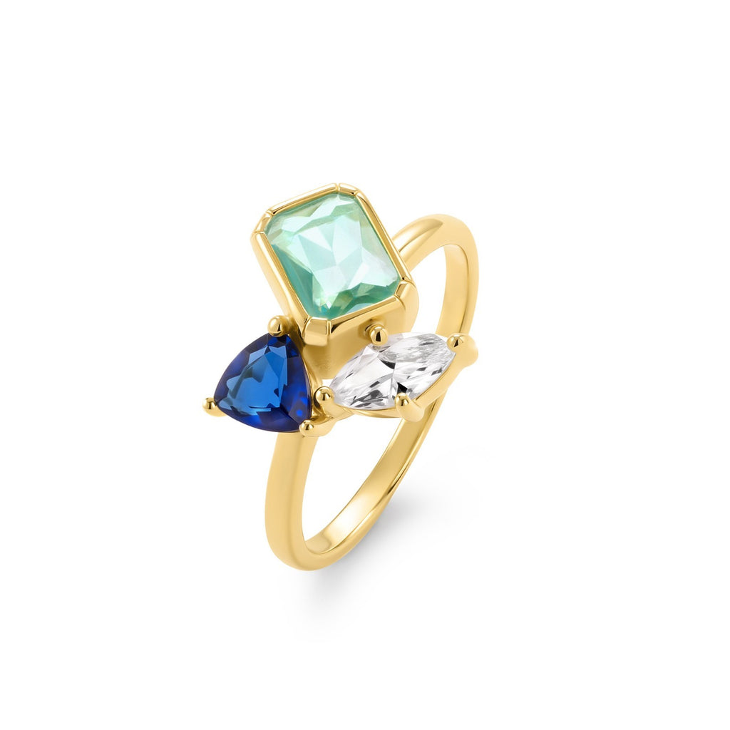 Sapphire & Topaz 3 Stone Ring Yellow Gold Plated Hallmarked  J - R British Made