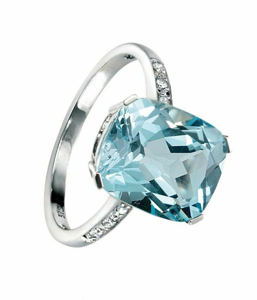 Natural Blue Topaz & Diamond Statement Ring 9ct White Gold Sizes L - Q