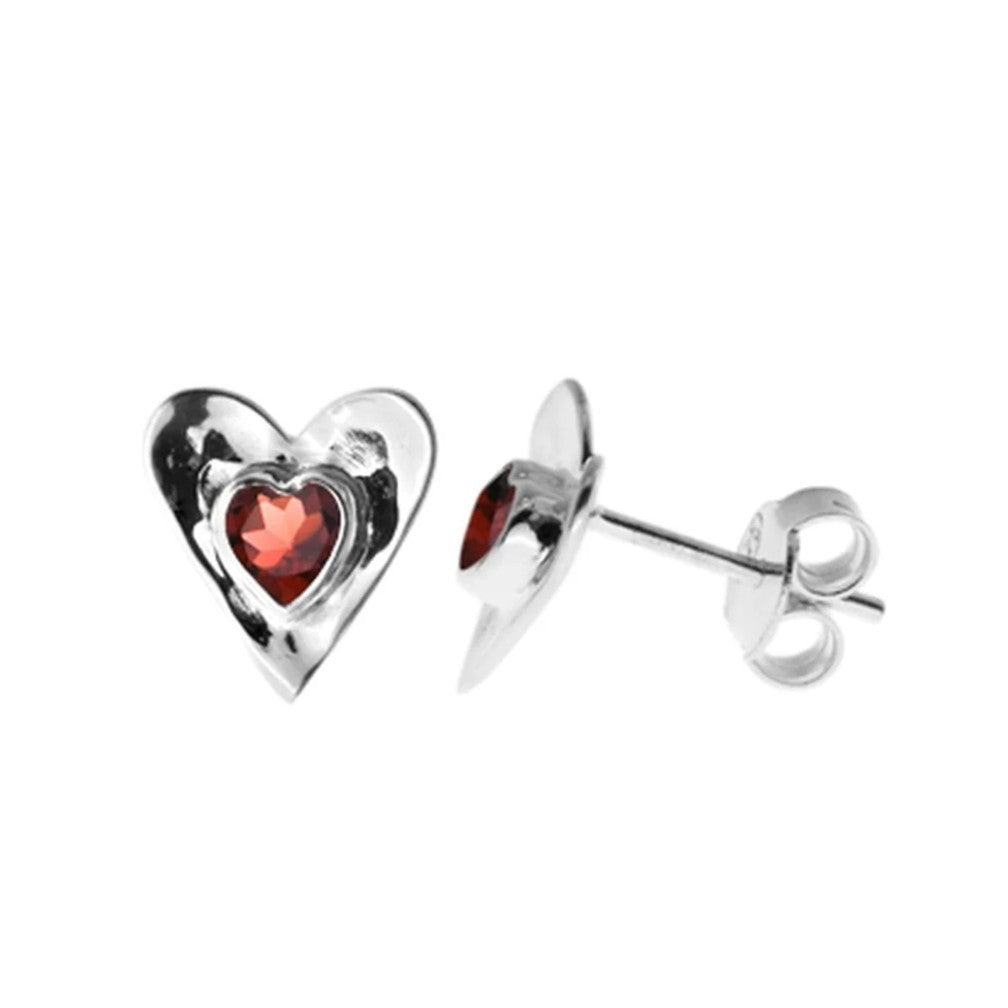 Natural Garnet Heart Stud Earrings Sterling Silver 925 Hallmark Brand New Boxed