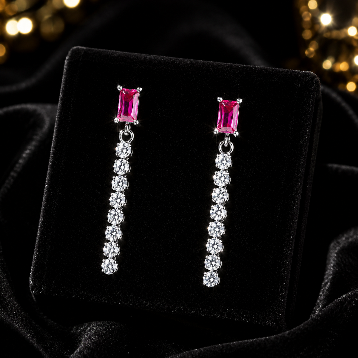 Baguette Ruby Drop Earrings Sterling Silver 925 Hallmarked British Made