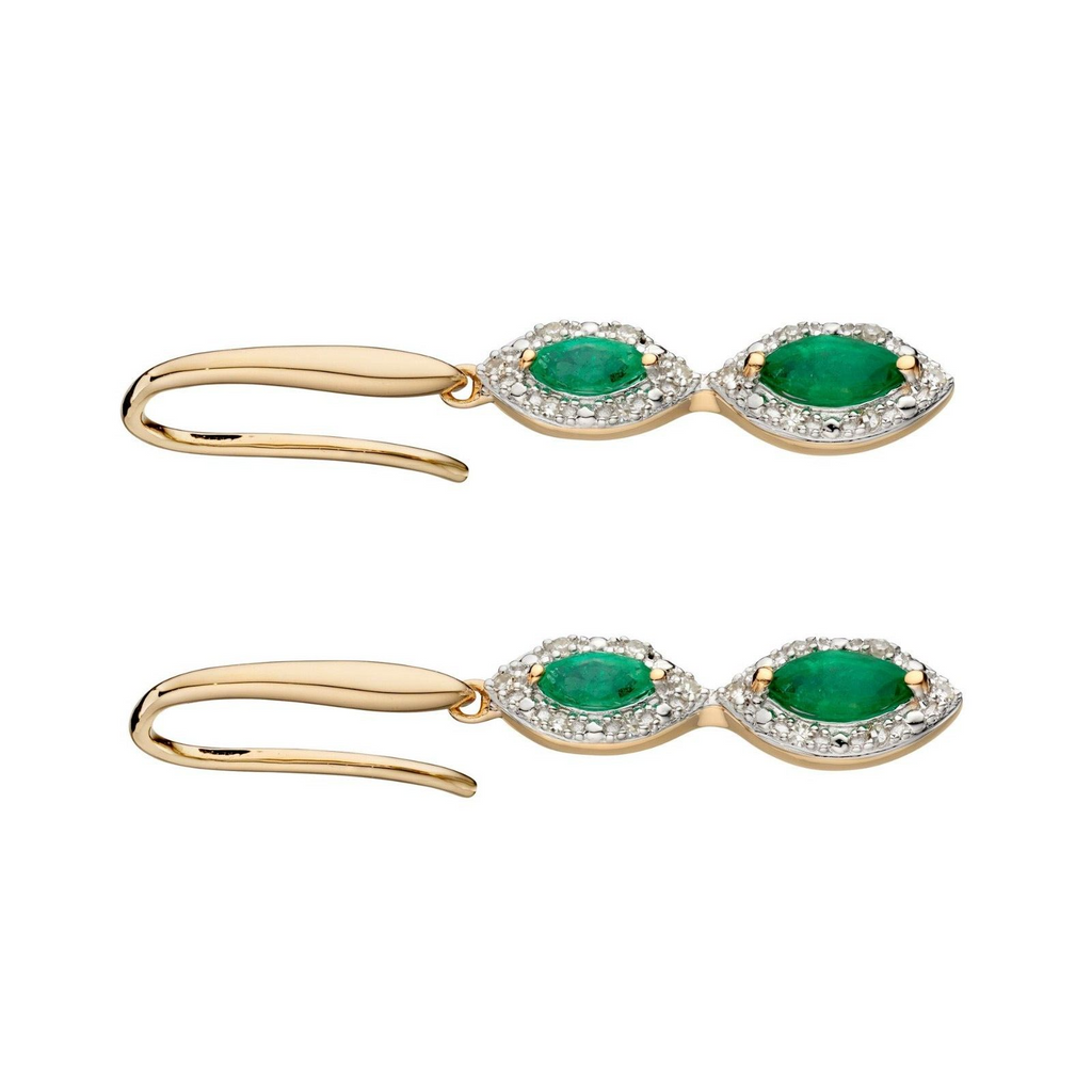 Emerald And Diamond Marquise Earrings 9ct Yellow Gold 375 Hallmark British Made
