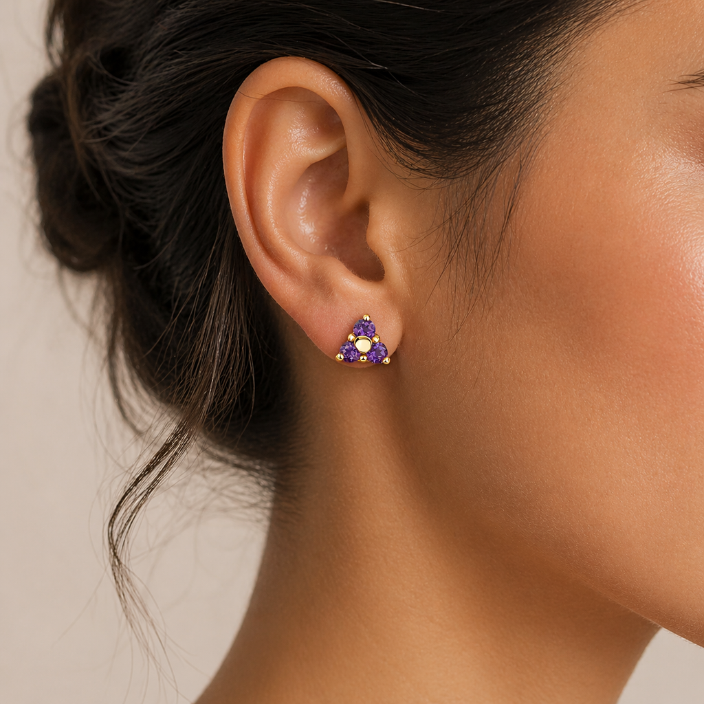 Yellow Gold 3 Stone Amethyst Earrings 9ct 375 Hallmarked New Boxed British Made