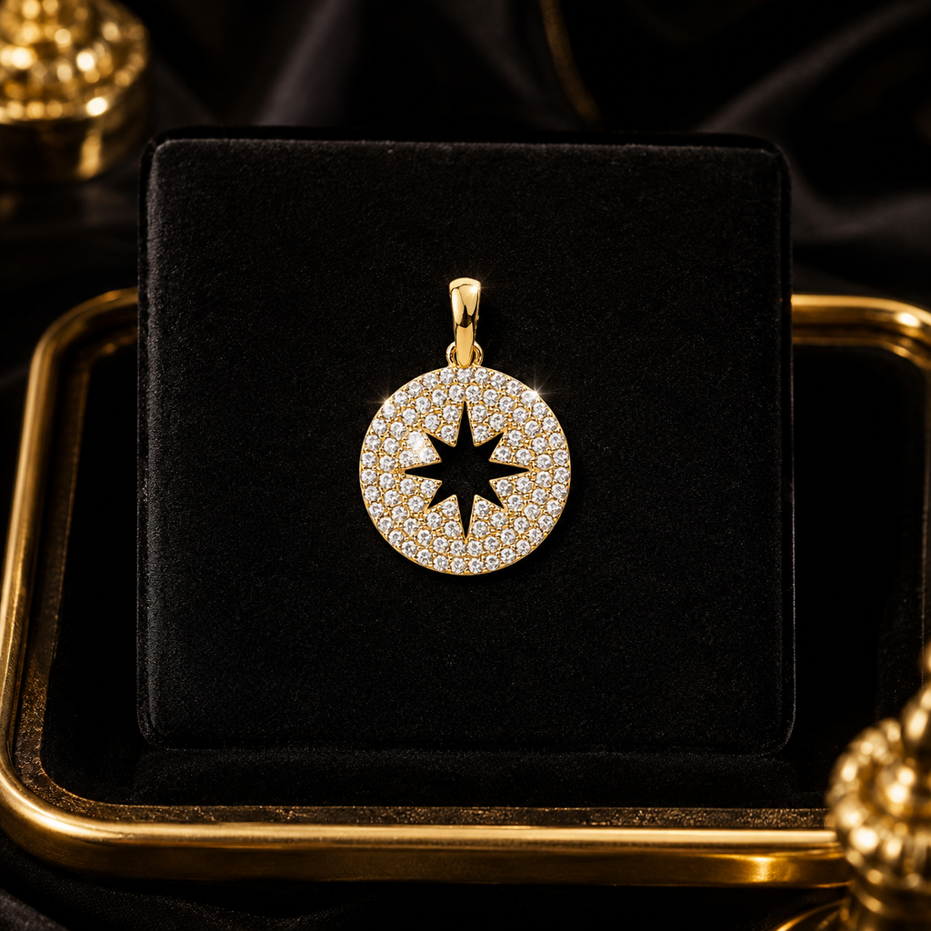 Round Star 9ct Yellow Gold Pendant 375 Hallmark British Made All Chain Lengths