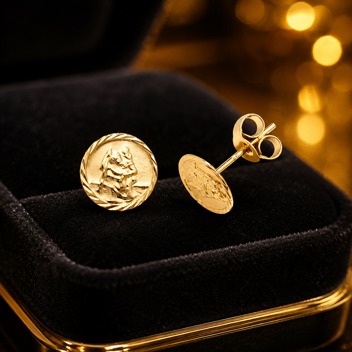 St Christopher Stud Earrings 9ct Yellow Gold 375 Hallmarked Brand New Boxed