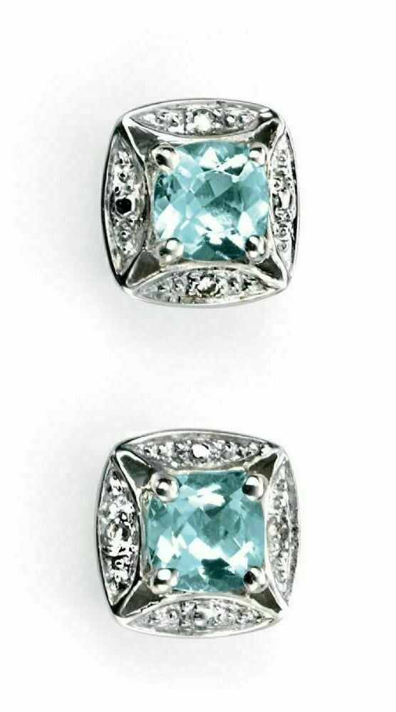 Aquamarine and Diamond Stud Earrings 9k White Gold 375 Hallmarked British Made