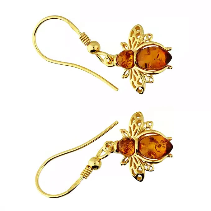 Amber Bumble Bee Drop Earrings 18ct Yellow Gold Plated Hallmarked British Made