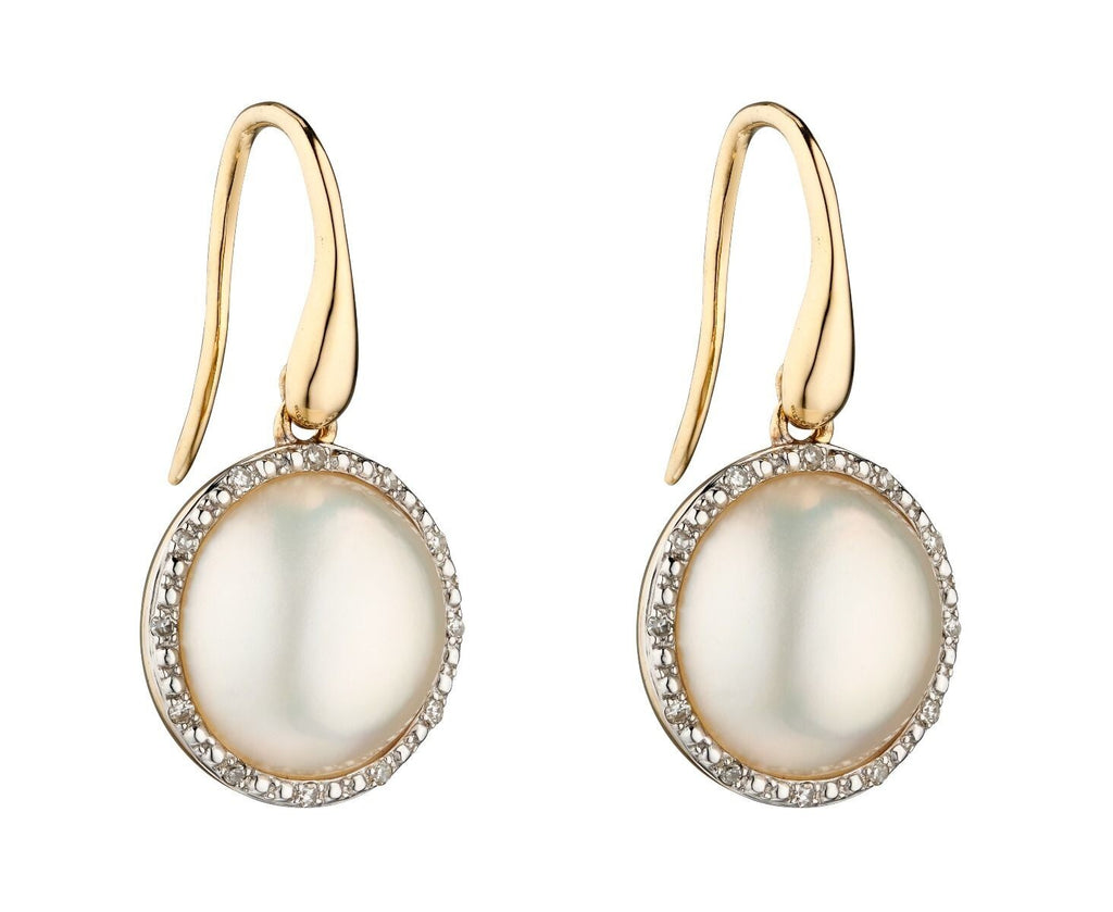 Mabe Pearl & Diamond Drop Earrings British Made 9ct Yellow Gold 375 Hallmarked