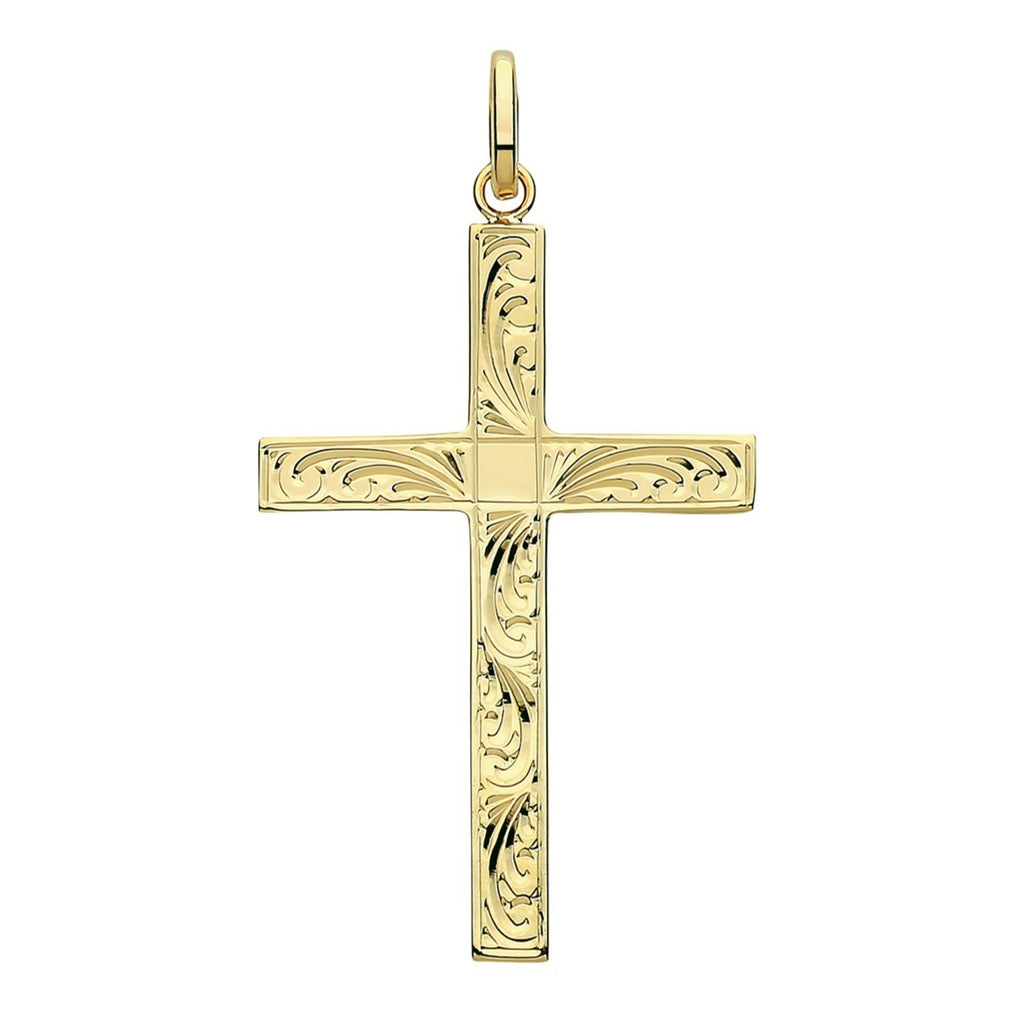 Large 9ct Yellow Gold Engraved Cross Pendant 375 Hallmarked All Chain Lengths