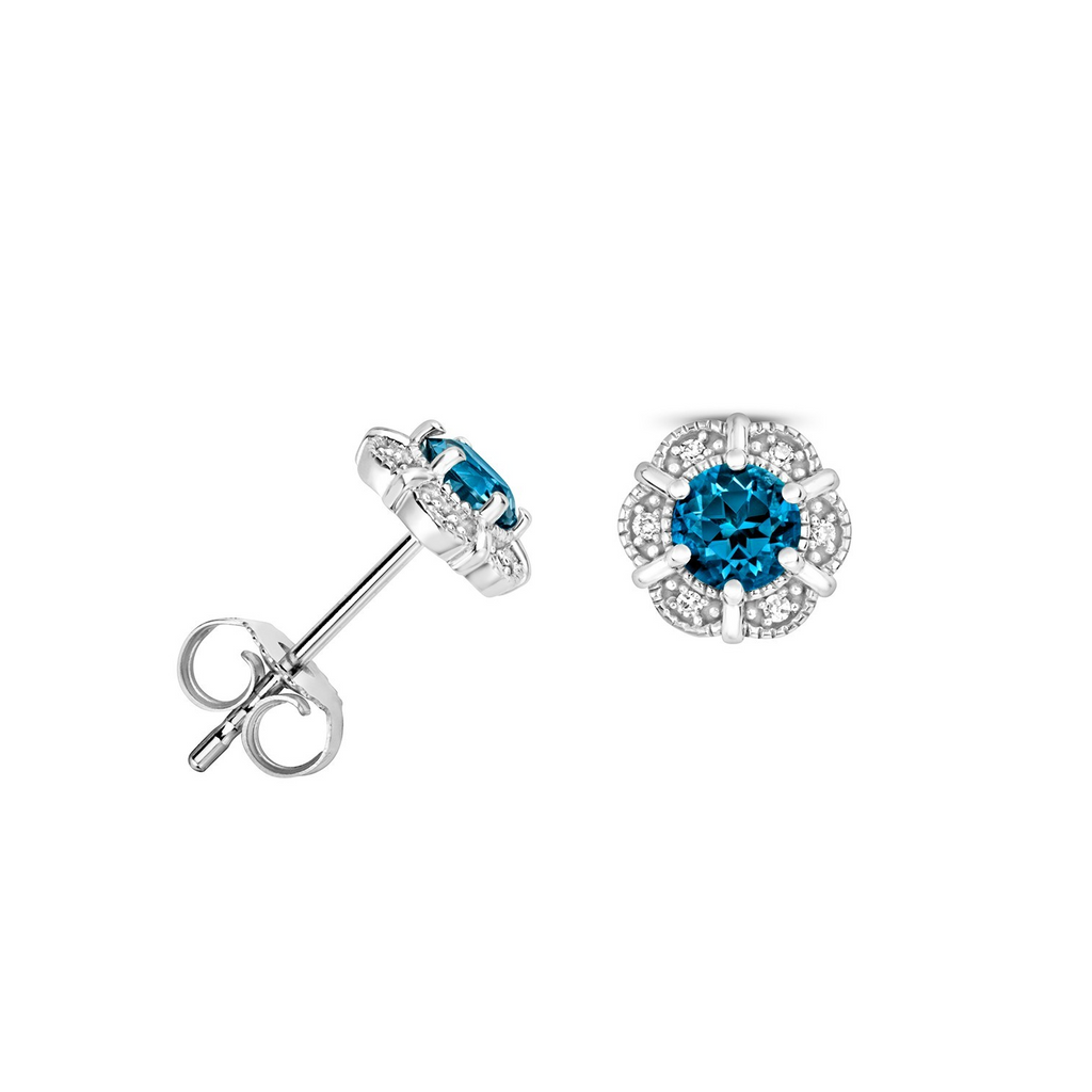 Natural Floral Blue Topaz Diamond Stud Earrings 9ct White Gold 375 Hallmarked