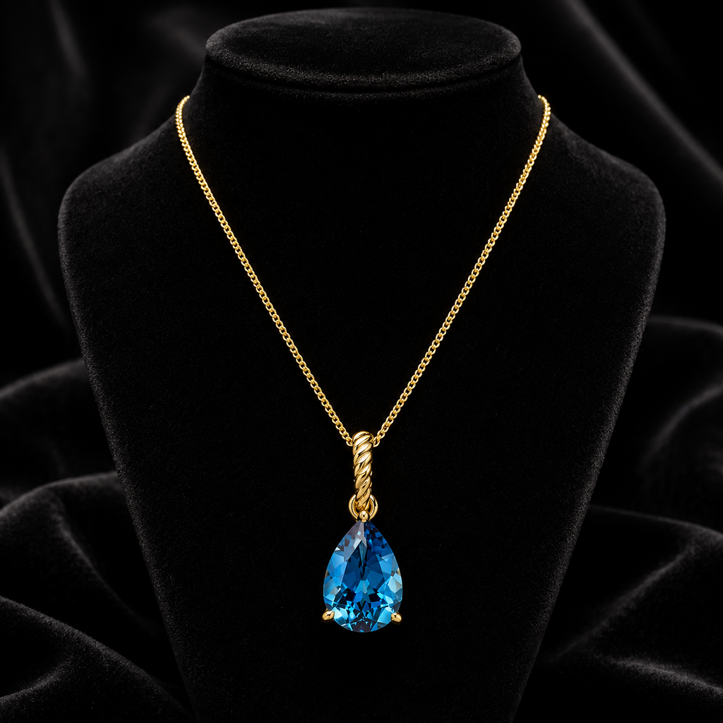 Natural Teardrop Blue Topaz Pendant 9ct Yellow Gold 375 Hallmarked British Made