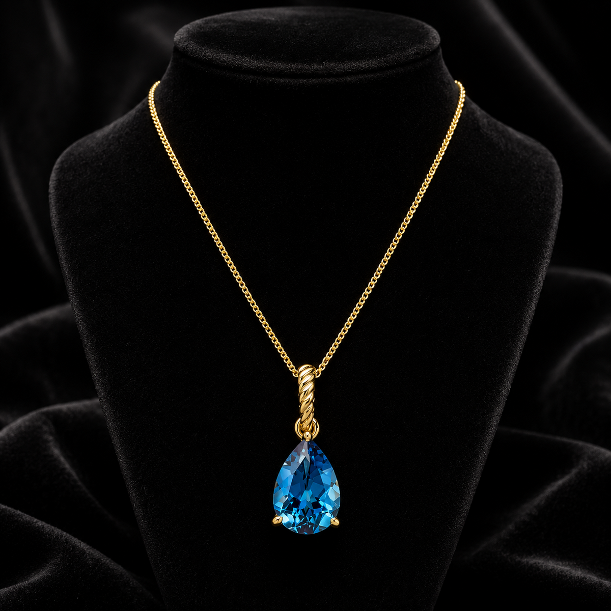 Natural Teardrop Blue Topaz Pendant 9ct Yellow Gold 375 Hallmarked British Made