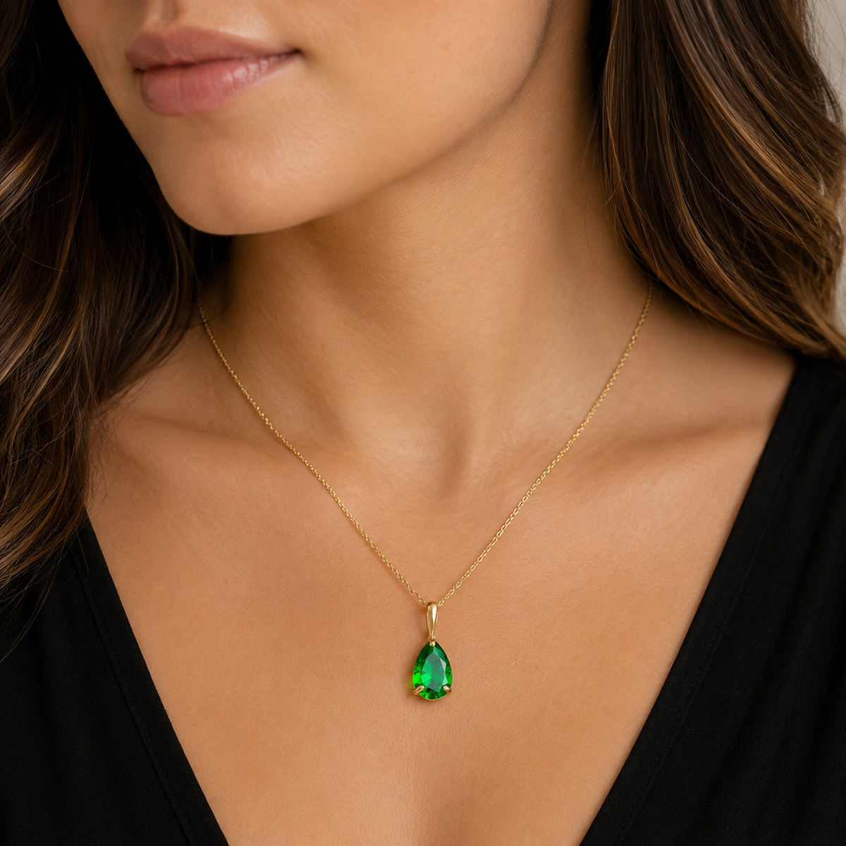 Yellow Gold Emerald Teadrop Pendant Hallmarked British Made All Chain Lengths